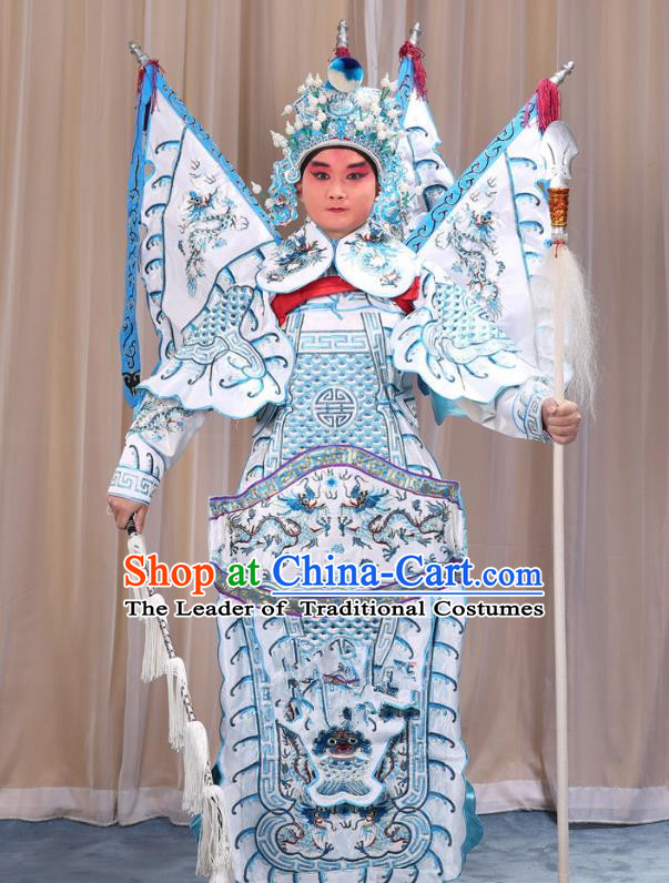 Traditional China Beijing Opera Takefu General White Costume and Headwear Complete Set, Ancient Chinese Peking Opera Wu-Sheng Military Officer Clothing