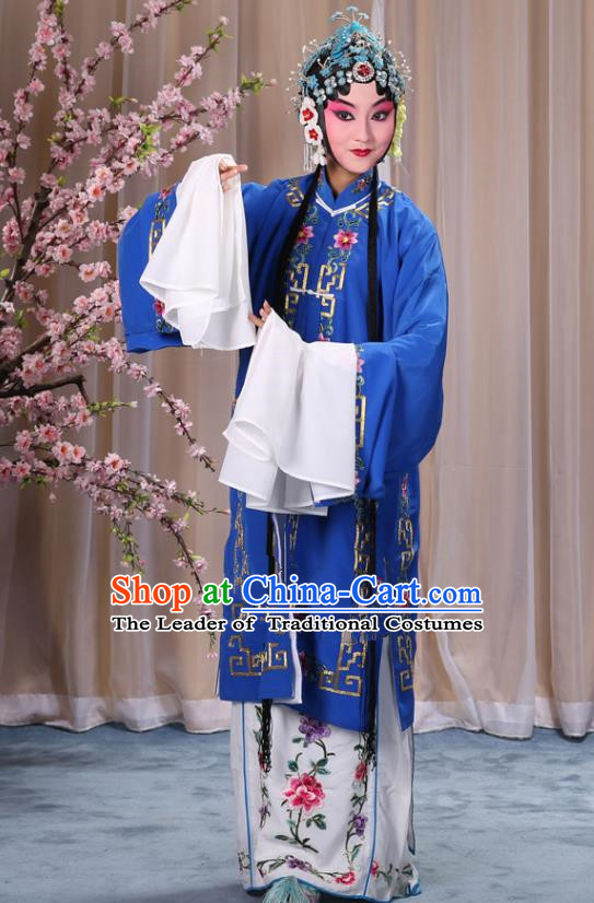 Top Grade Professional Beijing Opera Diva Costume Palace Lady Deep Blue Embroidered Cape, Traditional Ancient Chinese Peking Opera Princess Embroidery Dress Clothing