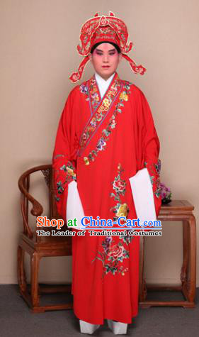Top Grade Professional Beijing Opera Niche Costume Gifted Scholar Red Embroidered Robe and Shoes, Traditional Ancient Chinese Peking Opera Embroidery Peony Clothing