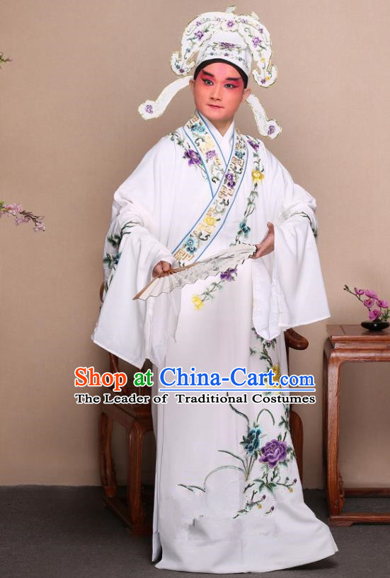 Top Grade Professional Beijing Opera Niche Costume Gifted Scholar White Embroidered Robe and Shoes, Traditional Ancient Chinese Peking Opera Embroidery Peony Clothing