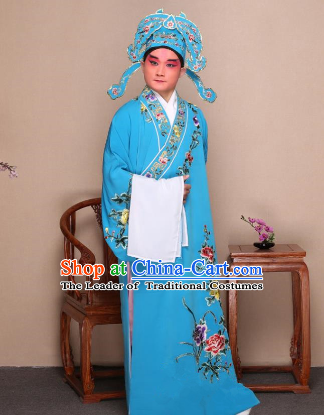Top Grade Professional Beijing Opera Niche Costume Gifted Scholar Blue Embroidered Robe and Shoes, Traditional Ancient Chinese Peking Opera Embroidery Peony Clothing
