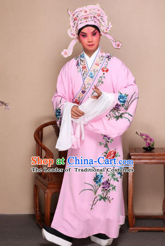 Top Grade Professional Beijing Opera Niche Costume Gifted Scholar Pink Embroidered Robe and Shoes, Traditional Ancient Chinese Peking Opera Embroidery Peony Clothing