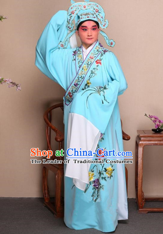 Top Grade Professional Beijing Opera Niche Costume Gifted Scholar Light Blue Embroidered Robe and Shoes, Traditional Ancient Chinese Peking Opera Embroidery Peony Clothing