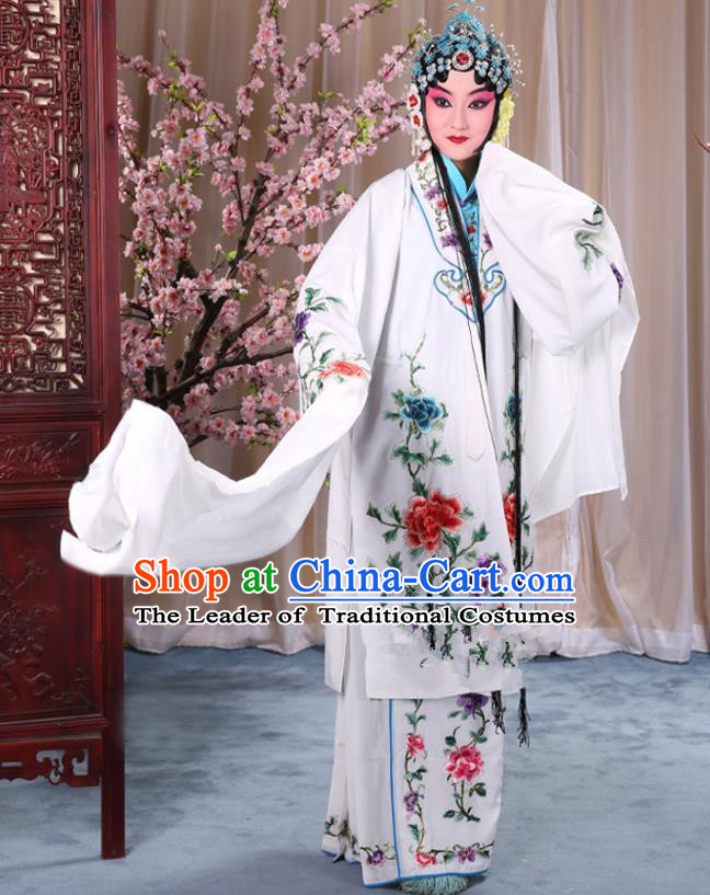Top Grade Professional Beijing Opera Imperial Consort Costume Hua Tan White Embroidered Cape, Traditional Ancient Chinese Peking Opera Diva Embroidery Peony Clothing