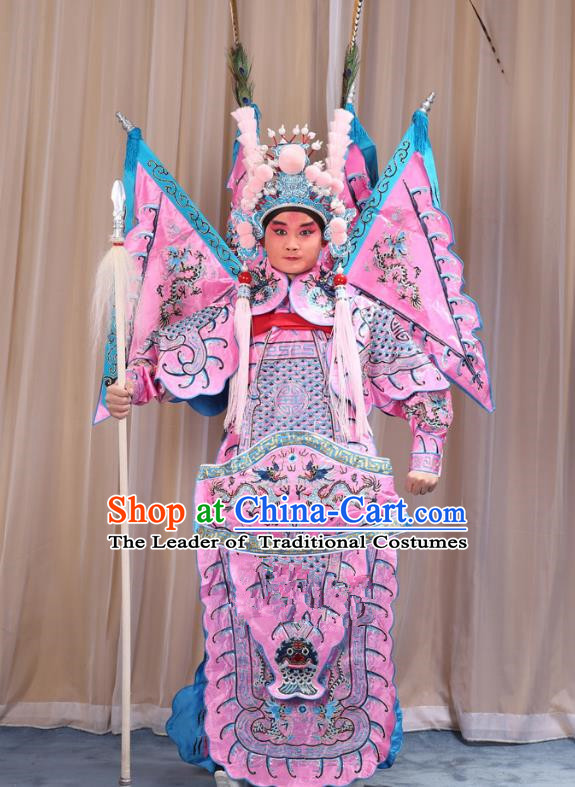 Traditional China Beijing Opera Takefu General Pink Costume and Headwear Complete Set, Ancient Chinese Peking Opera Wu-Sheng Military Officer Clothing