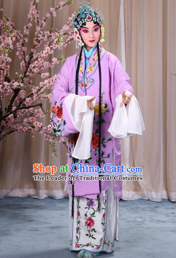 Top Grade Professional Beijing Opera Imperial Consort Costume Hua Tan Purple Embroidered Cape, Traditional Ancient Chinese Peking Opera Diva Embroidery Peony Clothing