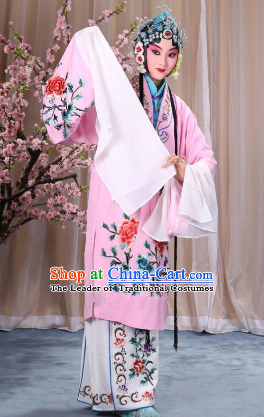 Top Grade Professional Beijing Opera Imperial Consort Costume Hua Tan Pink Embroidered Cape, Traditional Ancient Chinese Peking Opera Diva Embroidery Peony Clothing