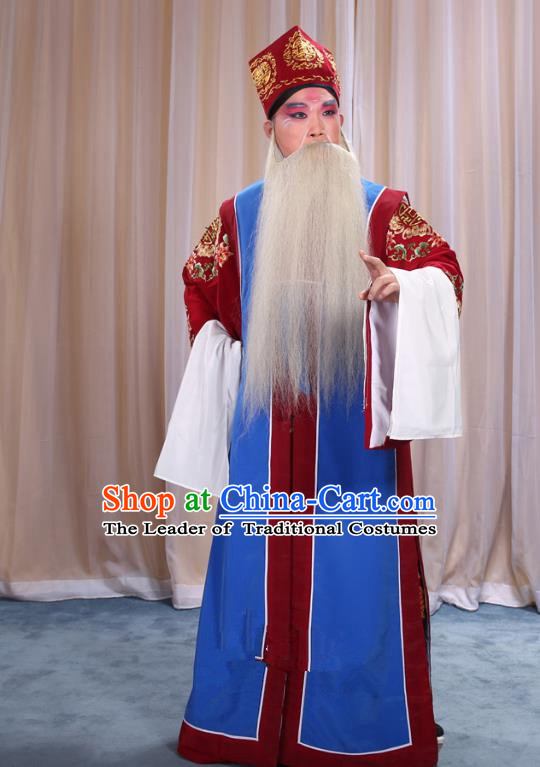 Top Grade Professional Beijing Opera Old Men Costume Long Blue Waistcoat, Traditional Ancient Chinese Peking Opera Laosheng-role Ministry Councillor Clothing