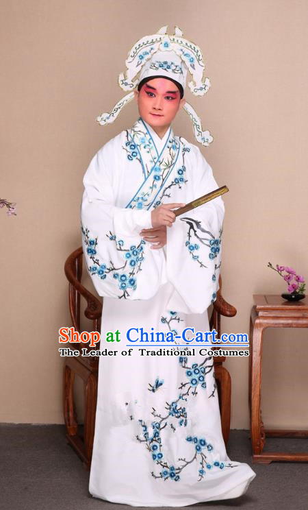 Top Grade Professional Beijing Opera Niche Costume Gifted Scholar White Embroidered Wintersweet Robe, Traditional Ancient Chinese Peking Opera Embroidery Clothing