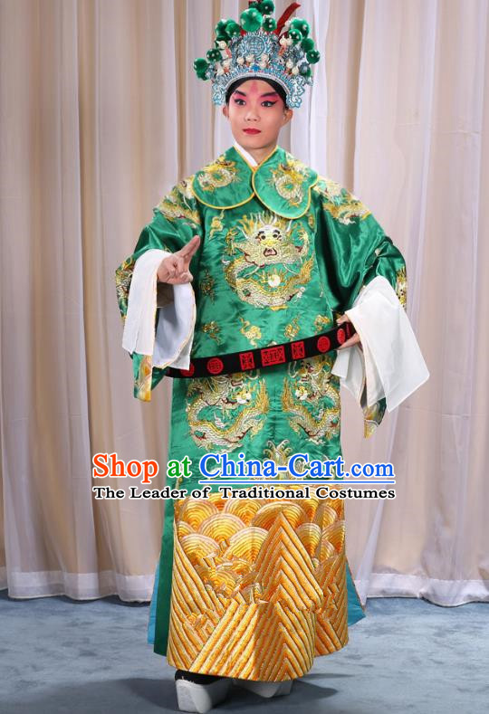 Top Grade Professional Beijing Opera Emperor Costume Green Embroidered Robe and Shoes, Traditional Ancient Chinese Peking Opera Royal Highness Gwanbok Clothing