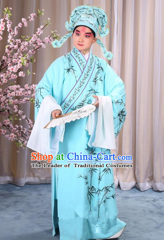 China Beijing Opera Niche Costume Gifted Scholar Embroidered Bamboo Blue Robe and Headwear, Traditional Ancient Chinese Peking Opera Embroidery Clothing