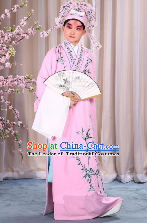 China Beijing Opera Niche Costume Gifted Scholar Embroidered Bamboo Pink Robe and Headwear, Traditional Ancient Chinese Peking Opera Embroidery Clothing