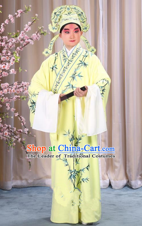 China Beijing Opera Niche Costume Gifted Scholar Embroidered Bamboo Yellow Robe and Headwear, Traditional Ancient Chinese Peking Opera Embroidery Clothing