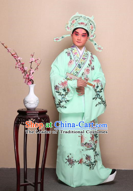 Top Grade Professional Beijing Opera Niche Costume Gifted Scholar Green Embroidered Chrysanthemum Robe, Traditional Ancient Chinese Peking Opera Embroidery Clothing
