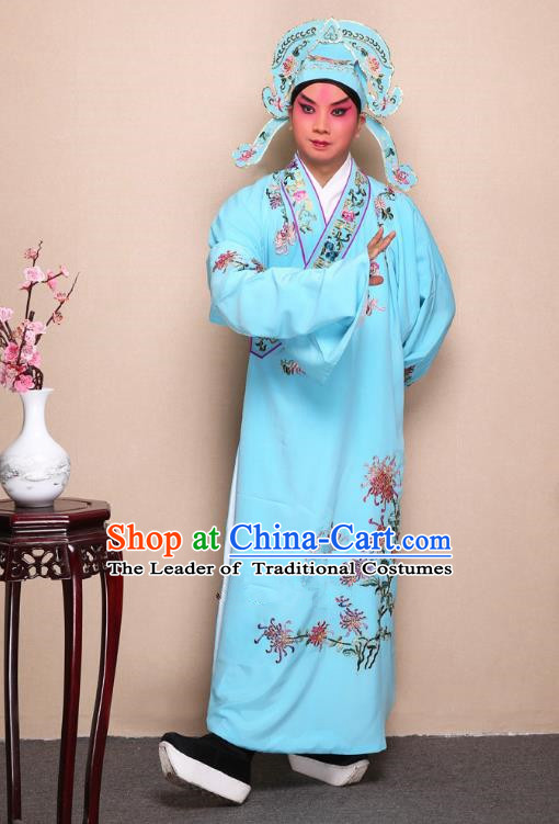 Top Grade Professional Beijing Opera Niche Costume Gifted Scholar Light Blue Embroidered Chrysanthemum Robe, Traditional Ancient Chinese Peking Opera Embroidery Clothing