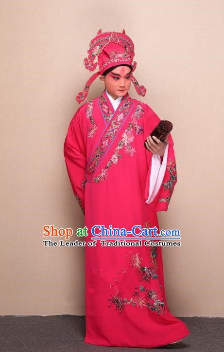 Top Grade Professional Beijing Opera Niche Costume Gifted Scholar Peach Pink Embroidered Chrysanthemum Robe, Traditional Ancient Chinese Peking Opera Embroidery Clothing