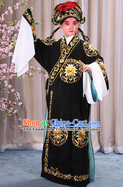 China Beijing Opera Niche Costume General Black Embroidered Robe and Headwear, Traditional Ancient Chinese Peking Opera Embroidery Military Officer Gwanbok Clothing