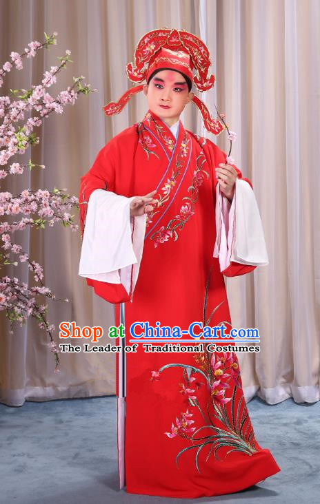 China Beijing Opera Niche Costume Young Men Red Embroidered Robe and Shoes, Traditional Ancient Chinese Peking Opera Scholar Embroidery Orchid Gwanbok Clothing