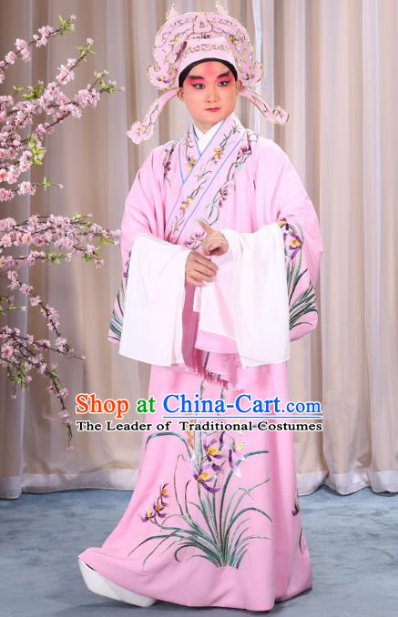 China Beijing Opera Niche Costume Young Men Pink Embroidered Robe and Shoes, Traditional Ancient Chinese Peking Opera Scholar Embroidery Orchid Gwanbok Clothing