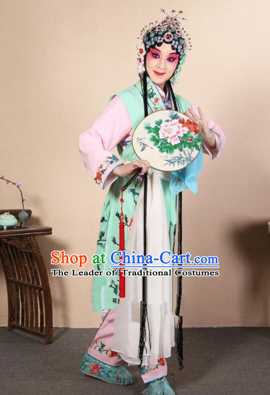 Top Grade Professional Beijing Opera Diva Costume Young Lady Green Embroidered Waistcoat, Traditional Ancient Chinese Peking Opera Princess Embroidery Dress Clothing