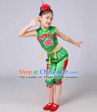 Traditional Chinese Classical Dance Yangge Fan Dancing Costume, Folk Dance Drum Dance Uniform Yangko Green Costume for Kids