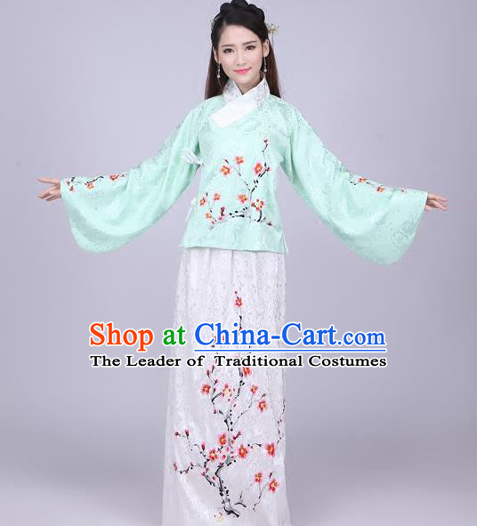 Traditional Ancient Chinese Ming Dynasty Imperial Princess Costume Green Blouse and White Skirt, Elegant Hanfu Chinese Ancient Young Lady Sleeve Placket Embroidered Clothing for Women