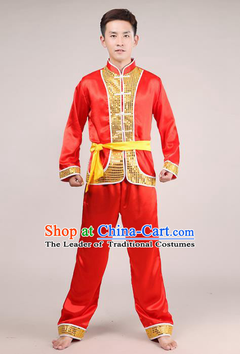 Traditional Chinese Classical Dance Yangge Fan Dance Costume, Folk Dance Drum Dance Uniform Yangko Red Clothing Complete Set for Men