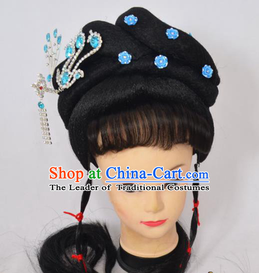 Traditional Handmade Chinese Classical Peking Opera Young Lady Wigs and Blue Crystal Hair Accessories, China Beijing Opera Princess Phoenix Hairpin Hair Headgear