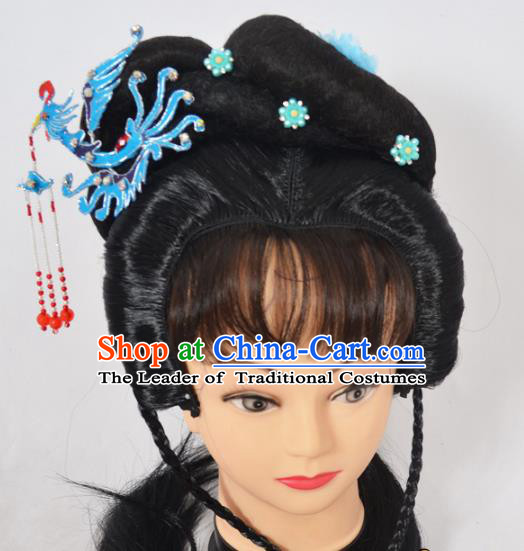 Traditional Handmade Chinese Classical Peking Opera Young Lady Wigs and Blue Phoenix Tassel Hairpin Hair Accessories, China Beijing Opera Princess Hairpieces Headgear