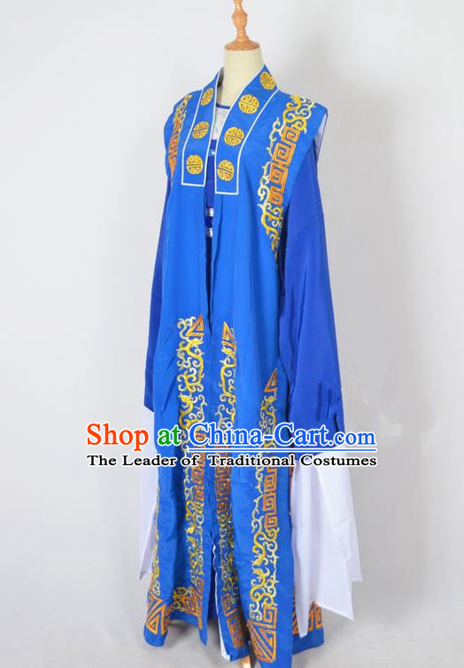 Traditional Chinese Professional Peking Opera Old Men Costume, China Beijing Opera Milord Ministry Councillor Embroidery Blue Long Robe Clothing