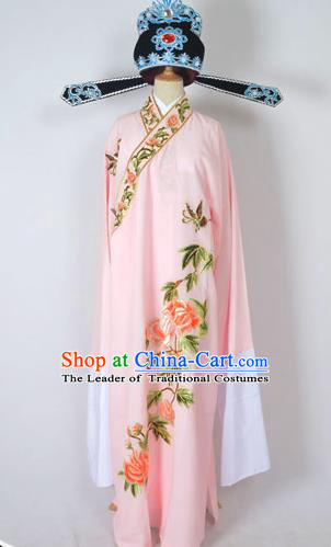 Traditional Chinese Professional Peking Opera Young Men Share-Win Costume and Hat Complete Set, China Beijing Opera Lang Scholar Embroidery Peony Light Pink Long Robe Clothing