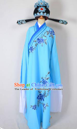 Traditional Chinese Professional Peking Opera Young Men Costume and Hat Complete Set, China Beijing Opera Shaoxing Opera Niche Lang Scholar Embroidery Peony Blue Long Robe Clothing