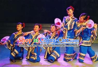 Traditional Chinese Classical Dance Yangge Fan Dance Costume, Folk Dance Drum Dance Uniform Yangko Blue Costume Complete Set for Women
