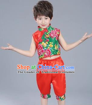 Traditional Chinese Classical Dance Yangge Fan Dance Costume, Children Folk Dance Drum Dance Uniform Yangko Red Clothing for Boys
