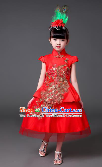 Top Grade Chinese Professional Performance Catwalks Costume, Children Modern Dance Embroidery Peacock Red Veil Bubble Dress for Girls Kids