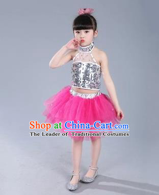 Top Grade Chinese Compere Professional Performance Catwalks Costume, China Jazz Dance Modern Dance Rosy Veil Princess Dress for Kids