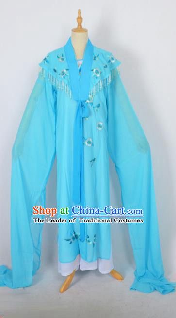 Traditional Chinese Professional Peking Opera Embroidery Plum Blossom Costume, China Beijing Opera Female Diva Cloud Shoulder Clothing Blue Long Robe