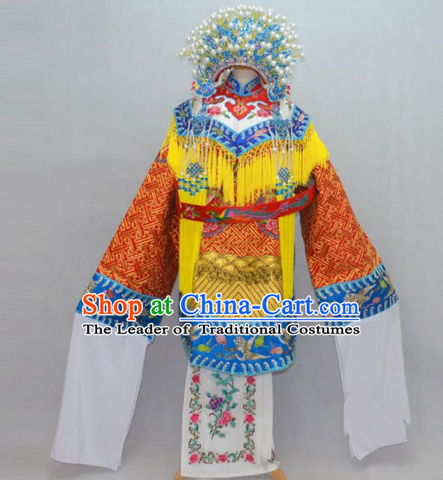 Traditional Chinese Professional Peking Opera Costume Embroidered Robe, China Beijing Opera Imperial Concubine Ceremonial Robe Clothing and Headpiece Phoenix Crown Complete Set