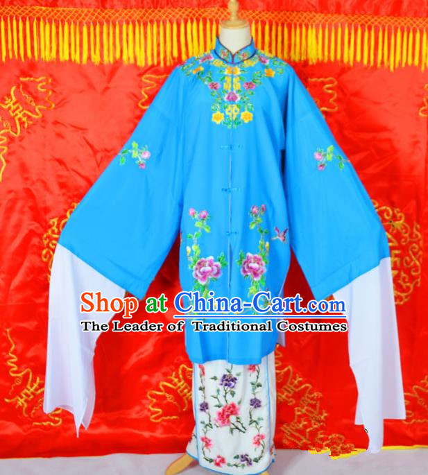 Traditional Chinese Professional Peking Opera Young Lady Costume Embroidered Mentle, China Beijing Opera Imperial Concubine Blue Ceremonial Robe Clothing