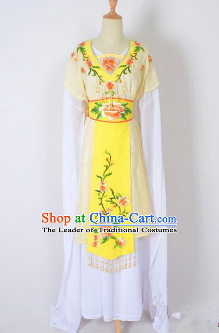 Traditional Chinese Professional Peking Opera Nobility Lady Water Sleeve Costume, China Beijing Opera Shaoxing Opera Royal Princess Embroidery Peony Yellow Dress Clothing