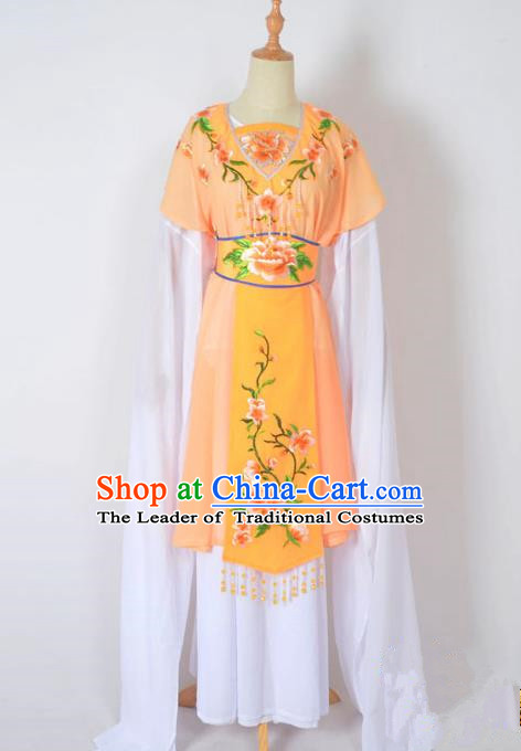 Traditional Chinese Professional Peking Opera Nobility Lady Water Sleeve Costume, China Beijing Opera Shaoxing Opera Royal Princess Embroidery Peony Orange Dress Clothing
