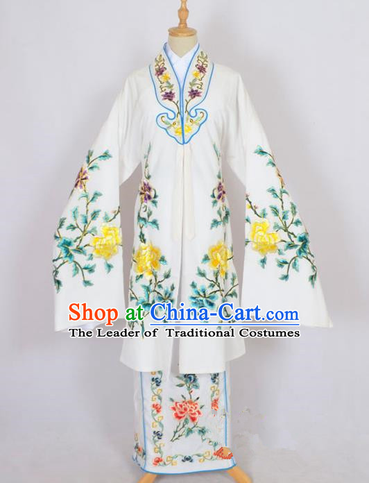 Traditional Chinese Professional Peking Opera Nobility Lady Costume White Mantel, China Beijing Opera Shaoxing Opera Embroidery Diva Hua Tan Dress Clothing