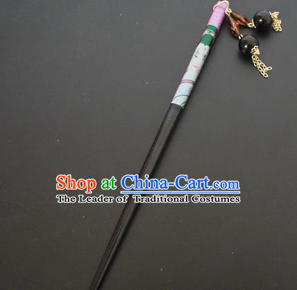 Traditional Handmade Chinese Classical Peking Opera Tassel Black Hair Stick Hair Accessories, China Beijing Opera Step Shake Wood Hairpins