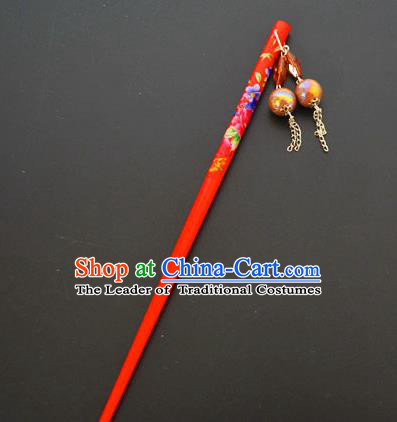 Traditional Handmade Chinese Classical Peking Opera Tassel Red Hair Stick Hair Accessories, China Beijing Opera Step Shake Wood Hairpins