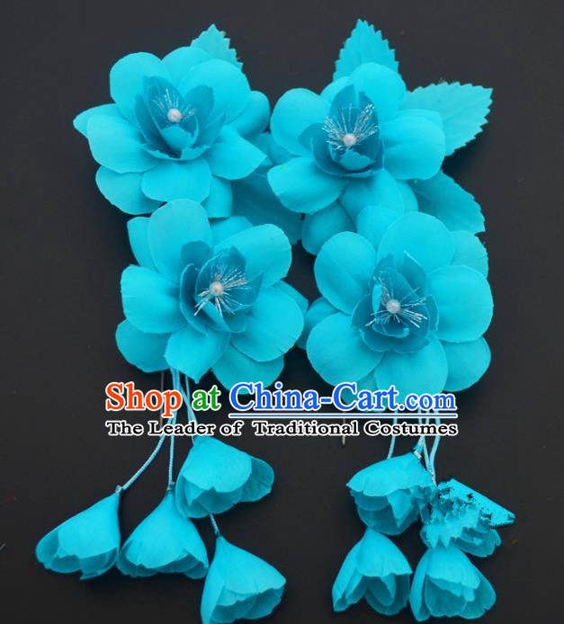 Traditional Handmade Chinese Classical Peking Opera Blue Silk Flowers Hair Stick Hair Accessories, China Beijing Opera Diva Step Shake Tassel Hairpins