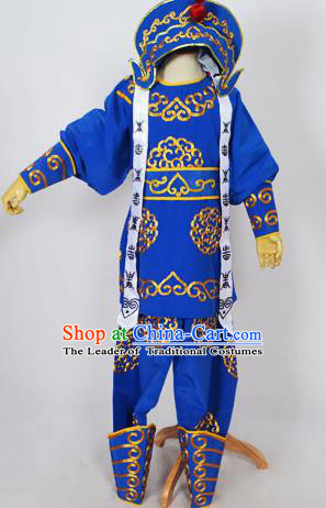 Traditional Chinese Professional Peking Opera Takefu Costume and Headwear, China Beijing Opera Shaoxing Opera Children Niche Warrior Royalblue Clothing