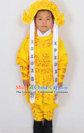 Traditional Chinese Professional Peking Opera Takefu Costume and Headwear, China Beijing Opera Shaoxing Opera Children Niche Warrior Yellow Clothing