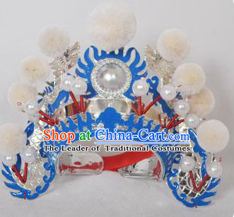 Traditional Handmade Chinese Classical Peking Opera Blues Accessories White Venonat Hat, China Beijing Opera Swordplay Warriors Blue Headwear