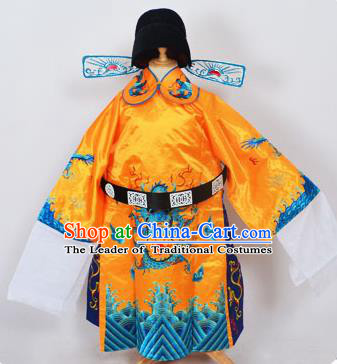 Traditional Chinese Professional Peking Opera Old Men Costume Yellow Embroidered Robe and Hat, China Beijing Opera Prime Minister Embroidery Robe Gwanbok Clothing