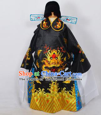 Traditional Chinese Professional Peking Opera Old Men Costume Black Embroidered Robe and Hat, China Beijing Opera Prime Minister Embroidery Robe Gwanbok Clothing